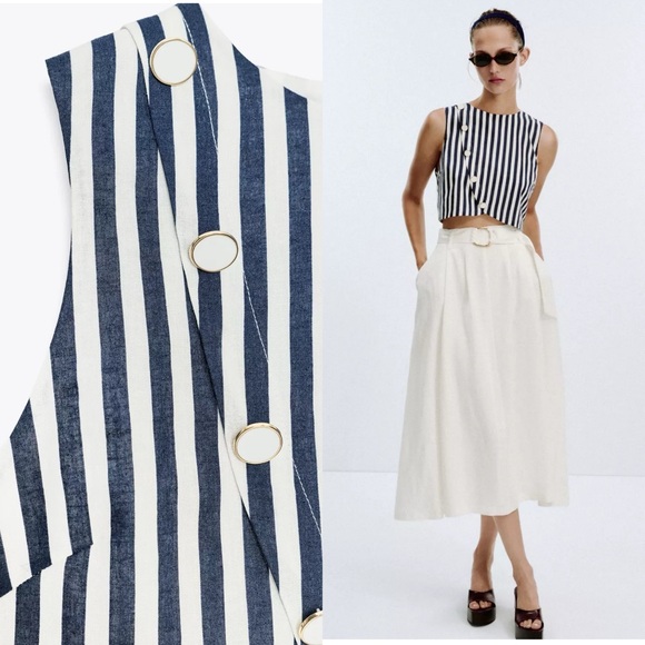 NWT Zara | Belted Linen Dress Waist Cut-out Navy Ivory Nautical coastal vibe - Picture 1 of 16